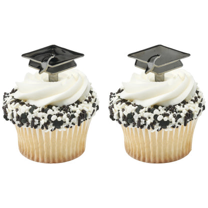 Black Metallic Graduate Hat Cake Pick Pk/144
