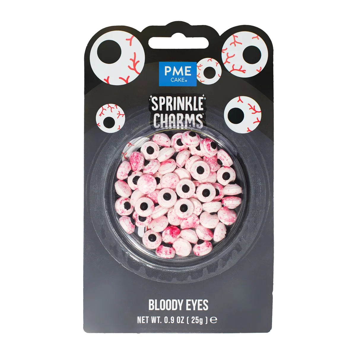 PME Cakes 'Sprinkle Charms' in 'Bloody Eyes' packaging, showing pink and white candies with red blood-like splatters and black-and-white eyes inside a clear round container on a black backing card.