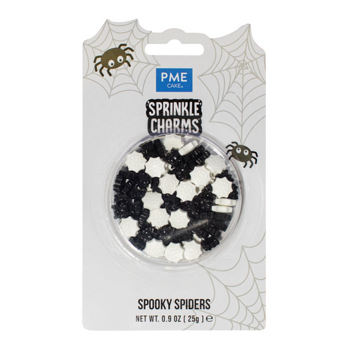 PME Cake Sprinkle Charms in the 'Spooky Spiders' design, featuring black and white spiderweb and spider-shaped sprinkles inside a clear blister pack on a white card with spiderweb graphics.